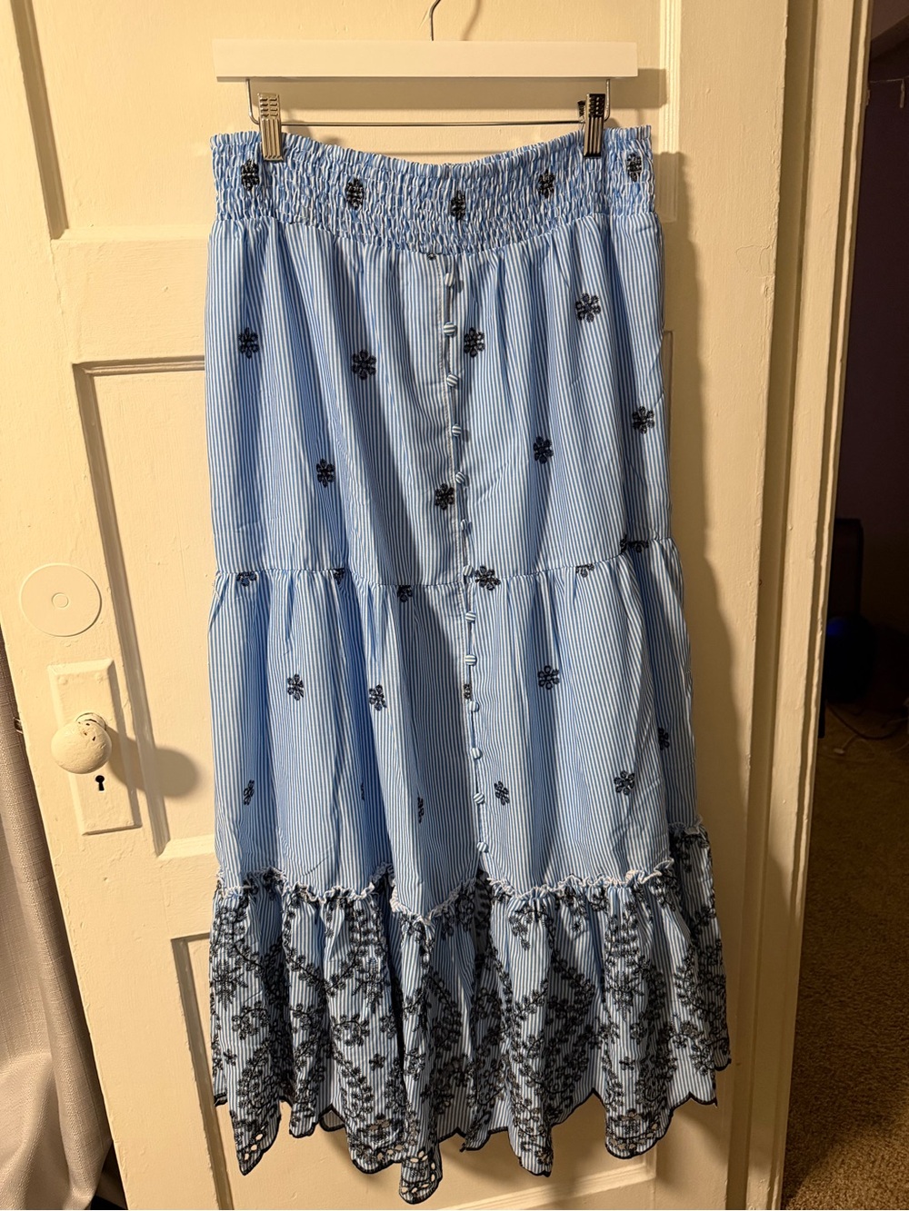 Solitaire Blue Whited Stripe Black Embroidered Button Front Tiered Maxi Skirt XL